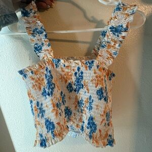 Smocked Floral Print Top - Blue and Orange